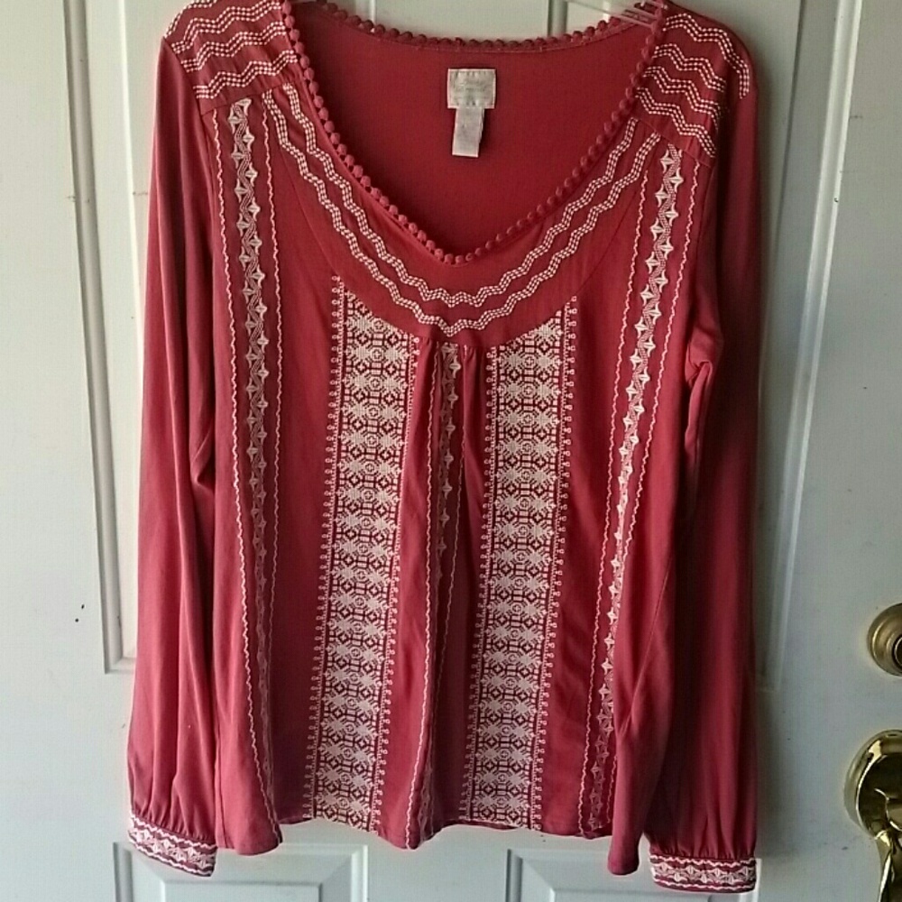 Lucky Brand 100% cotton, embroidered red boho long sleeve top